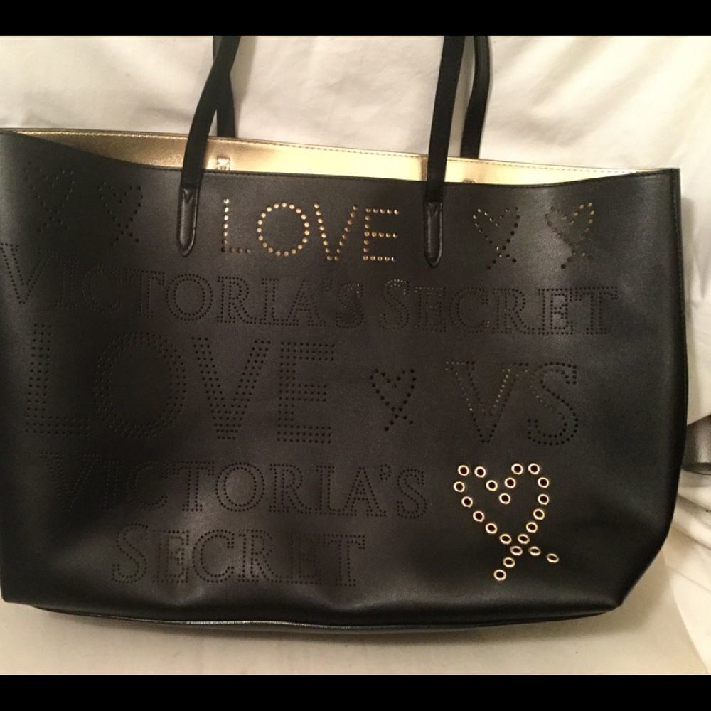 Victoria’s Secret LOVE Perforated Tote Black/Gold - Picture 2 of 11